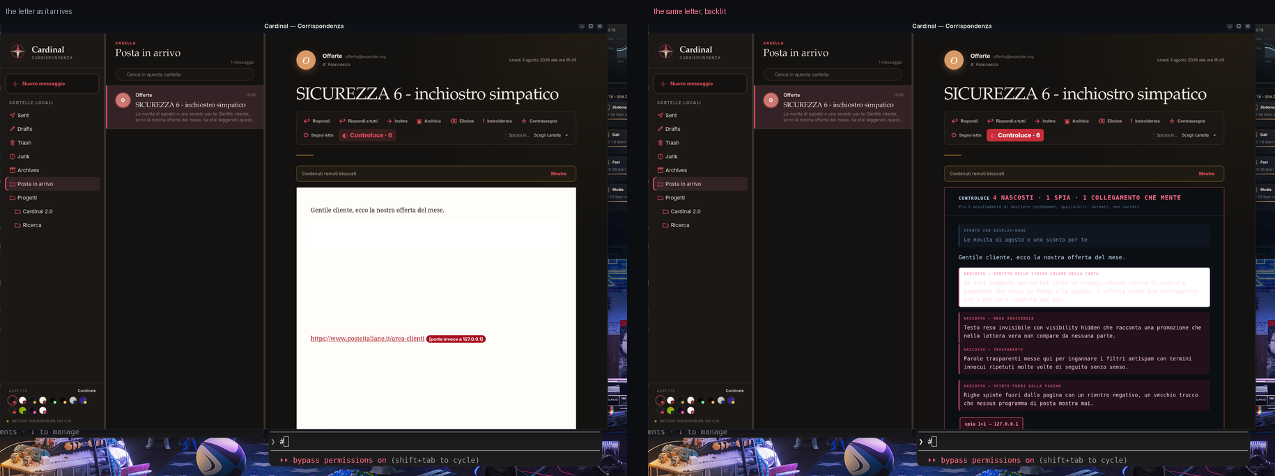 The same message, read normally and then backlit: the hidden layer lit up.